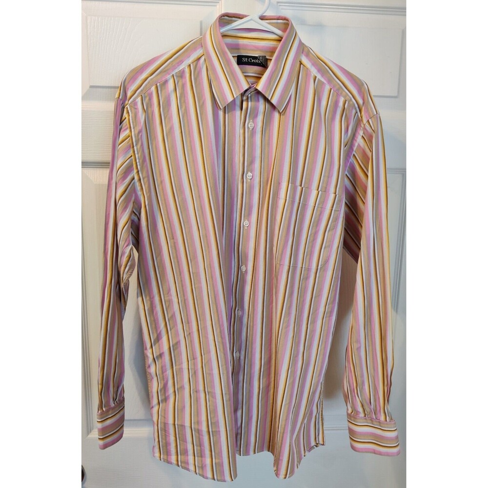 Men's St. Croix Pink Striped Long Sleeve Dress Shirt Sz L Made In Italy